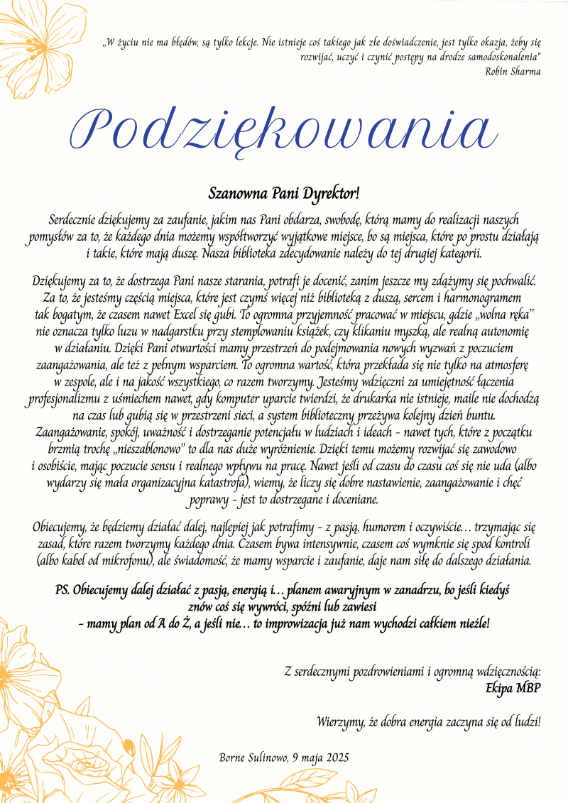 Dzień Bibliotekarza i Bibliotek 2025 - podziękowania od pracowników