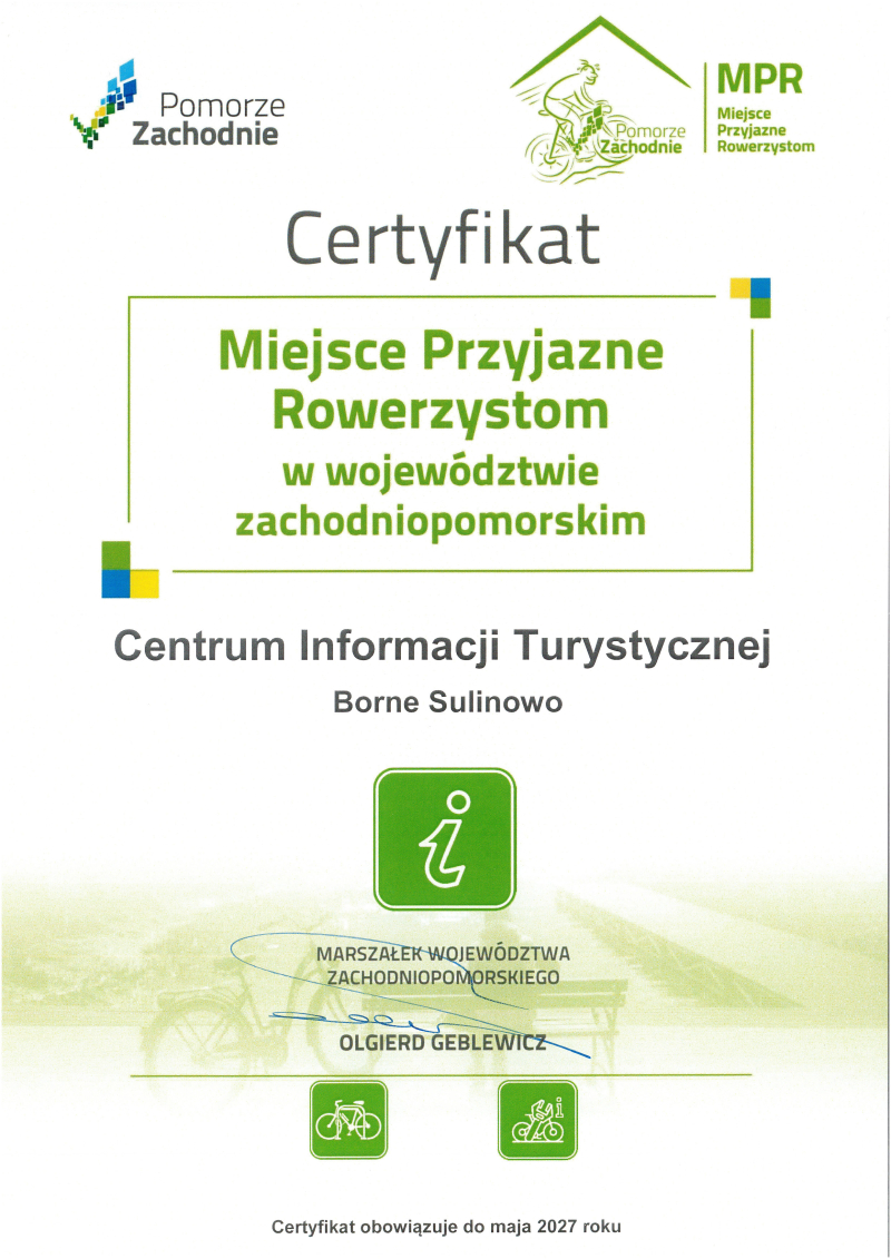 Certyfikat Miejsca Przyjaznego Rowerzystom dla naszego Centrum Informacji Turystycznej